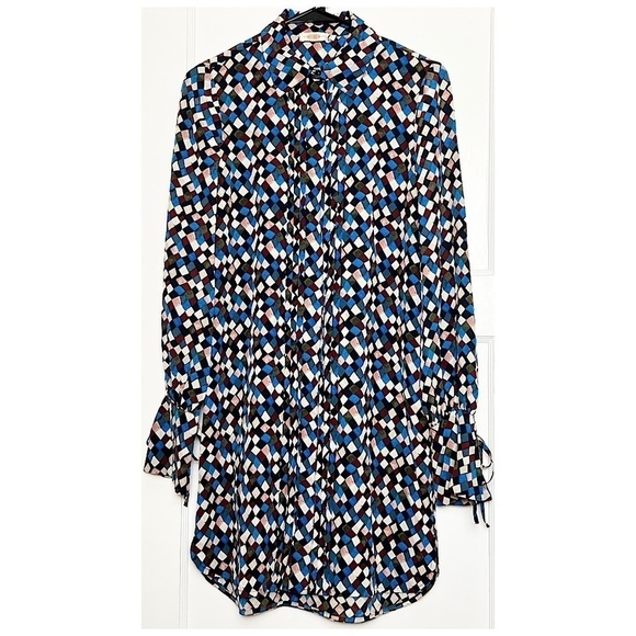 TORY BURCH Silk Mosaic Print Long Sleeve Tie Cuff Button Down Tunic Shirtdress 0 - Picture 4 of 10